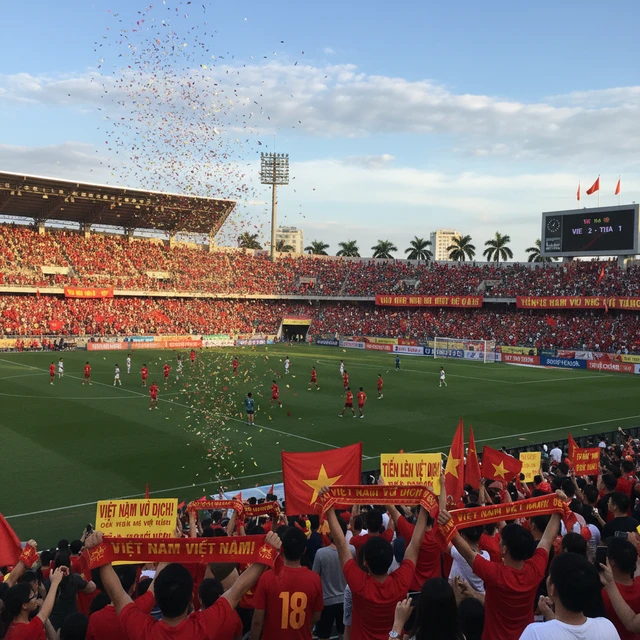 Cảnh sân vận động bóng đá ở Việt Nam với đông đảo khán giả.