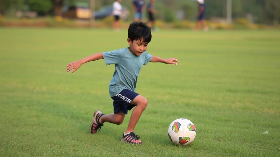 Cậu bé chơi bóng đá trên sân cỏ Việt Nam