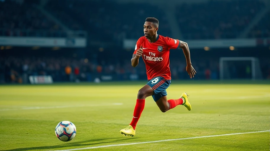 Hình ảnh Kylian Mbappé đang chạy nước rút trên sân bóng