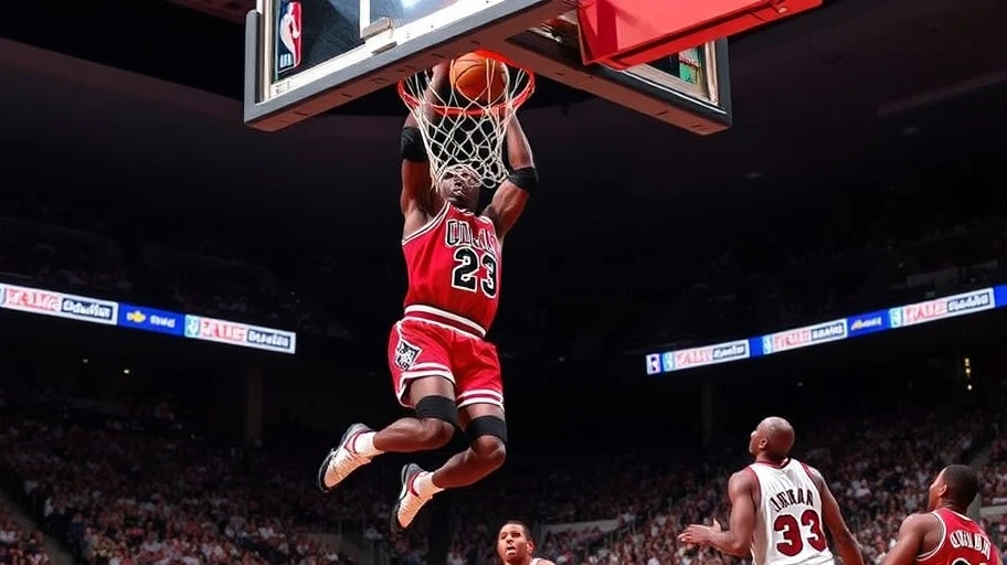 Hình ảnh Michael Jordan thực hiện một cú slam dunk hào hùng.