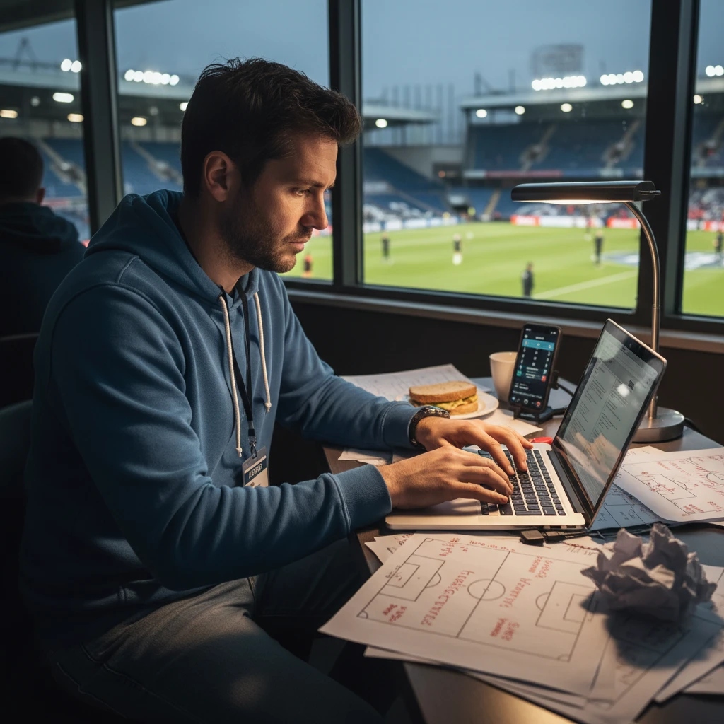 Hình ảnh nhà báo thể thao cập nhật thông tin bóng đá