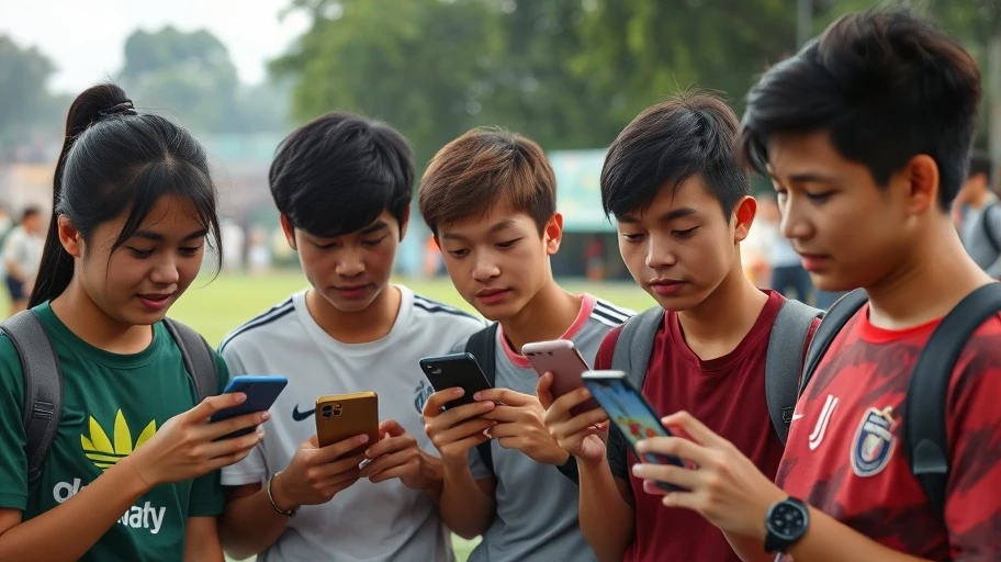 Nhóm người trẻ theo dõi bóng đá quốc tế trên thiết bị di động.