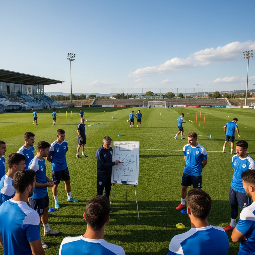 Sân tập bóng đá với cầu thủ và huấn luyện viên