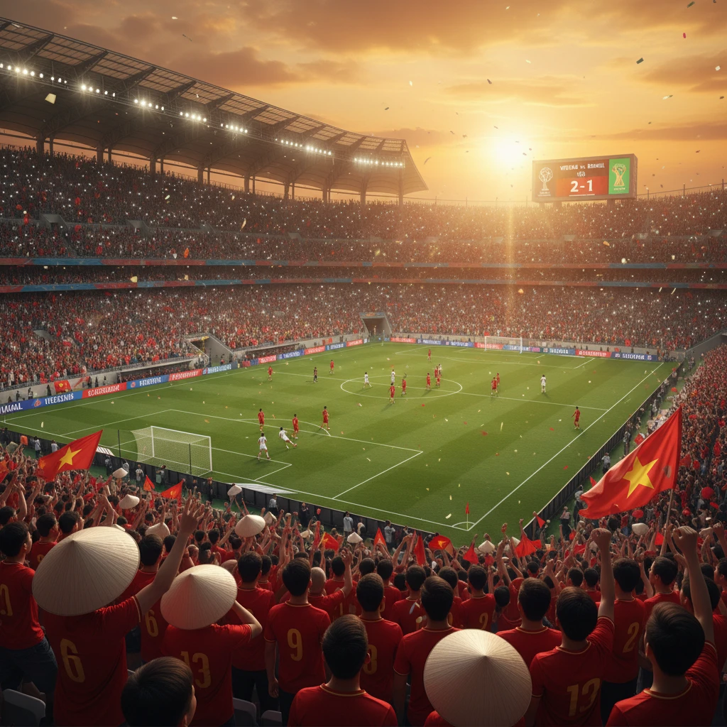 Sân vận động World Cup đầy người trong ánh chiều tà.