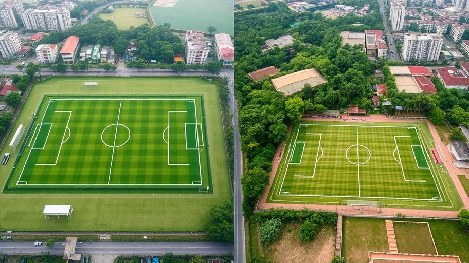So sánh kích thước sân bóng đá quốc tế và địa phương.